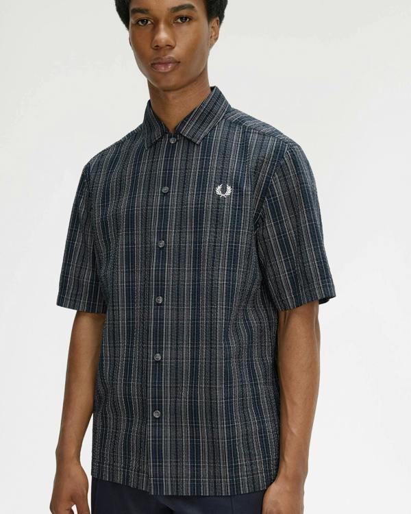 Fred Perry Mens Seersucker Check Shirt - Navy 608 | CHO | Designer Mens Short Sleeve Shirts