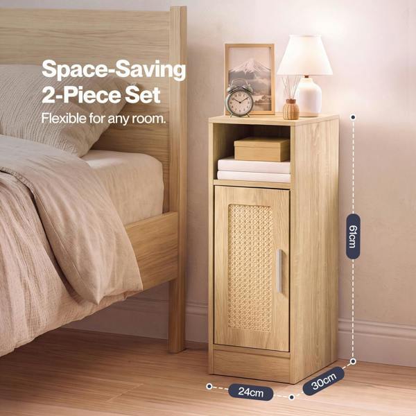 Levede Bedside Table 2 Pc Narrow Side Table Boho Rattan Storage For Bedroom Wood
