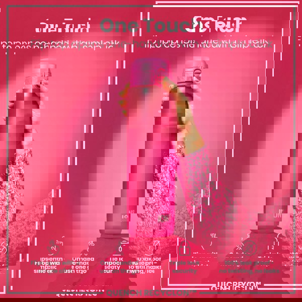A pink ION8 water bottle is being held. Its flip top opens one-handed. The background is pink. "One Touch. Flip top opens one-handed with a simple click. Flips open with a simple click. One-handed use on the go. Triple lock security. 100% leak proof - no twisting, no leaks. QUENCH RECYCLON™"