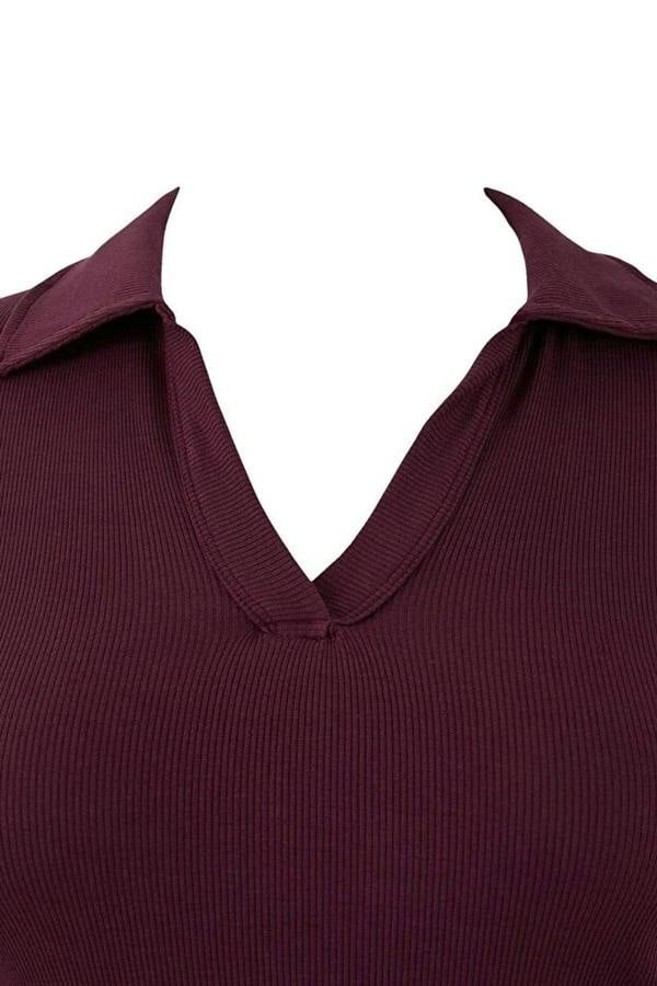 WOVCOR Polo Collar Body-Fitting Ribbed Knit Blouse