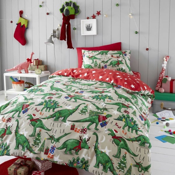 Happy Linen Company Festive Dinosaur Christmas Bedding Set - Glow in the dark