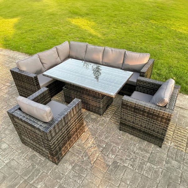 Fimous 7 Seater Rattan Garden Furniture Set with Left Corner Sofa, Rising Dining Table & 2 Chairs - Dark Grey