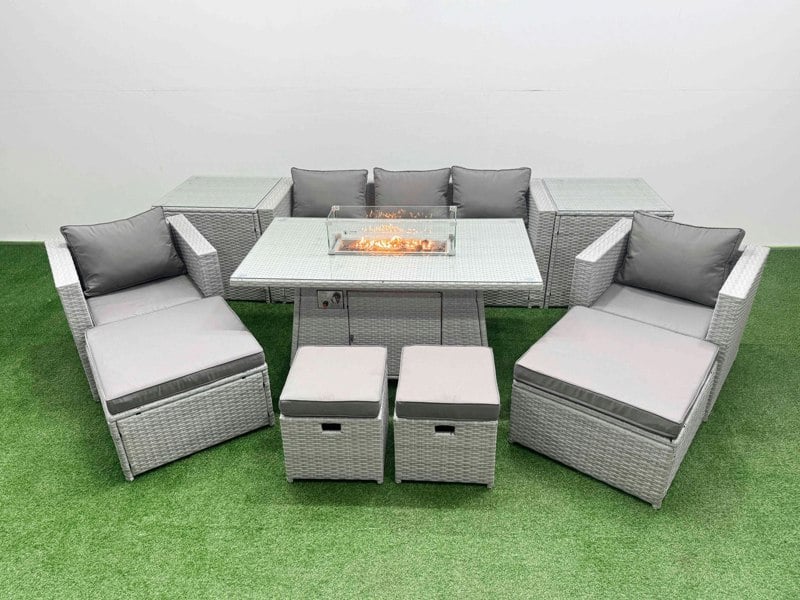Fimous 9 Seat PE Rattan Lounge Sofa Set Outdoor Garden Furniture Set with Fire Pit Dining Table 3 Seater Sofa 4 Footstools 2 Side Tables Light Grey