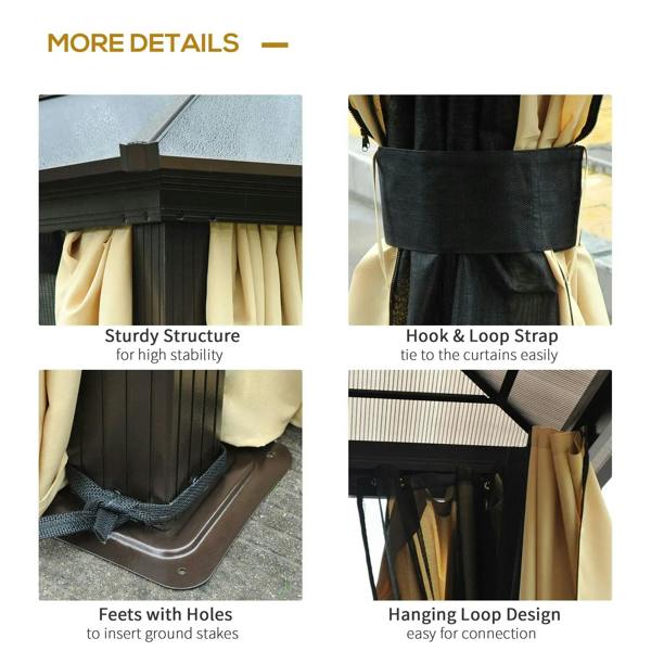 Hardtop gazebo curtain details with tie-strap loops and reinforced corner feet