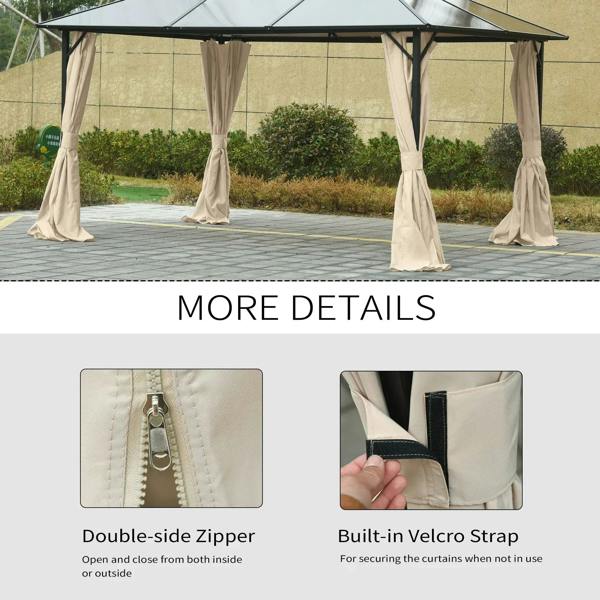 Beige gazebo curtain panels with double-sided zipper and hanging ties detail