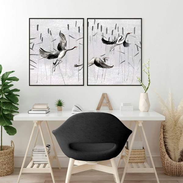 Cranes Japanese Art for home office | Set of 2 wall art prints