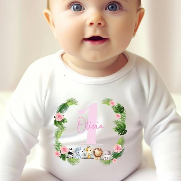 Personalised Pink Jungle Animals Baby Grow, Vest or Bib with Name