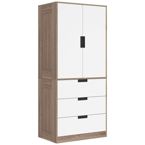 Wyld Haus Coracasa White And Brown 2 Door Wardrobe With Hanging Rail and 3 Drawer Storage Unit