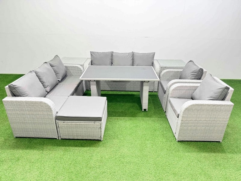 Fimous 9 Seater Wicker PE Rattan Furniture Outdoor Dining Table 3 Seater Sofa Reclining Chair Set with 2 Side Tables Big Stool Light Grey