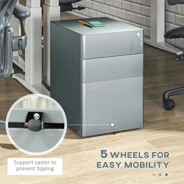 Grey rolling filing cabinet bottom view showing casters for easy mobility