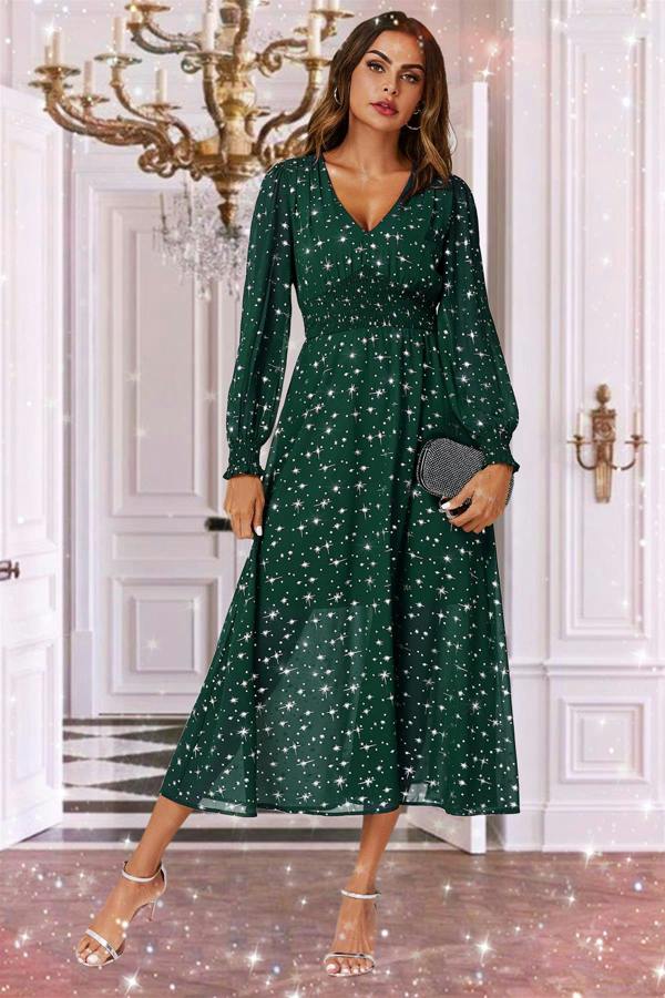 FS Collection Silver Star Foil Long Sleeve Maxi Dress In Green
