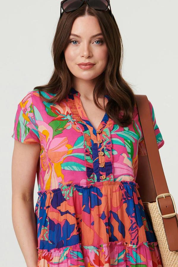 Pink | Floral Tiered Knee Length Dress