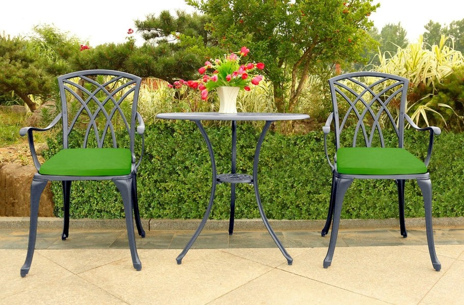 Centurion Supports OSHOWA Luxurious Garden and Patio Table and 2 Large Chairs with Armrests Cast Aluminium Bistro Set - Grey with Green Cushions