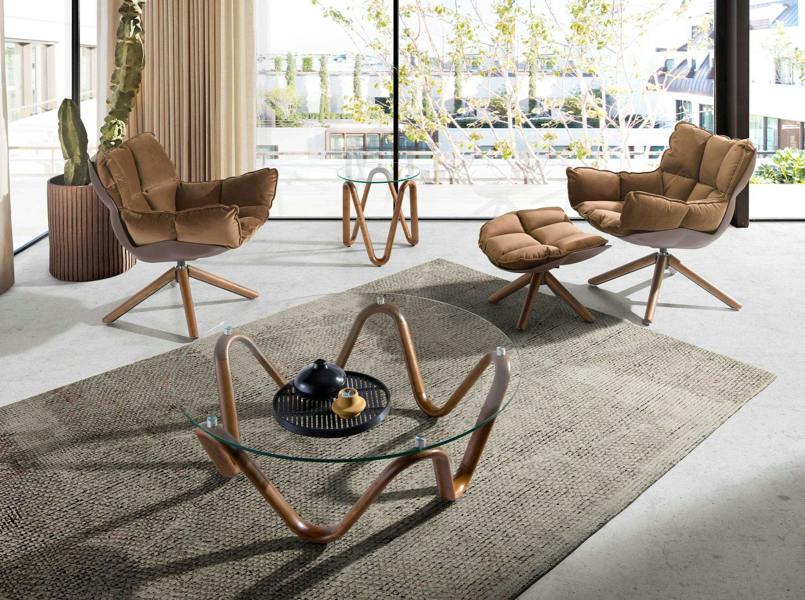 Angel Cerdá Round Tempered Glass and Walnut Round Coffee Table 2124