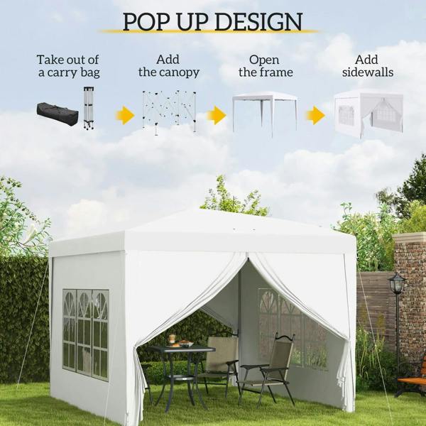 White pop-up gazebo canopy tent with open frame and valance curtains