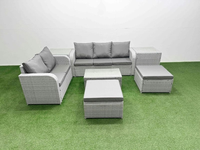 Fimous 7-Seater PE Rattan Wicker Garden Furniture Set - Dark Grey Mixed Patio Sofa with Rectangular Coffee Table & 2 Big Footstools