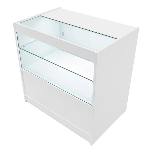 Harmonia LED shop counter set in sleek white, featuring glass display shelves and a modern design, ideal for showcasing products