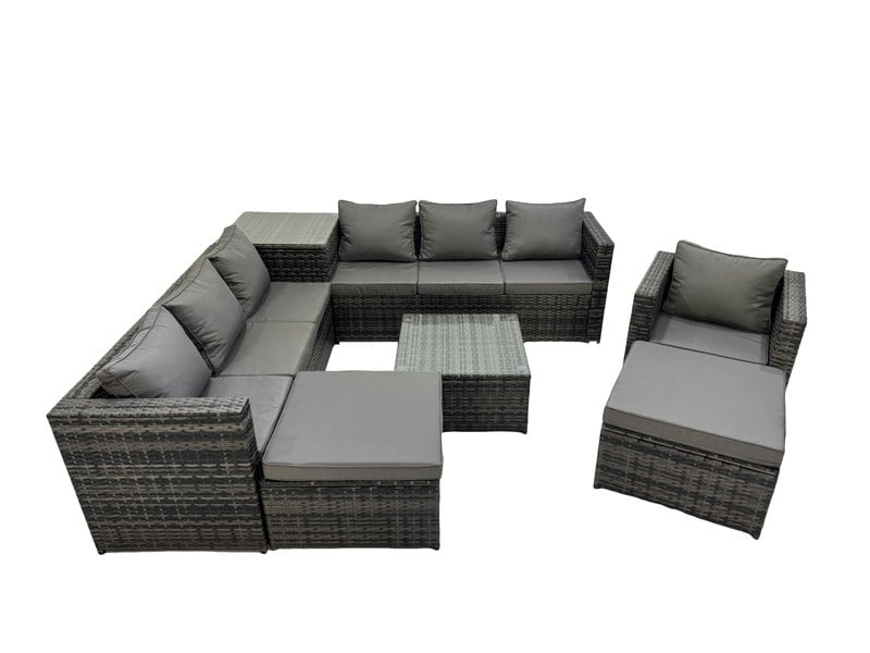 Fimous 9 Seater Garden Outdoor Rattan Furniture Set Patio Corner Sofa Coffee Table with Side Table 2 Big Stool Dark Grey