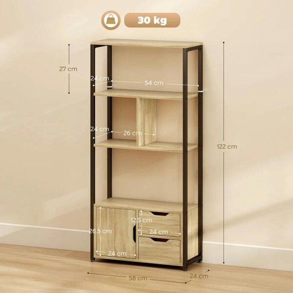 4-Tier Bookcase, Bookshelf with 1 Cabinet and 2 Drawers for Living Room, Bedroom, Study, Natural Wood