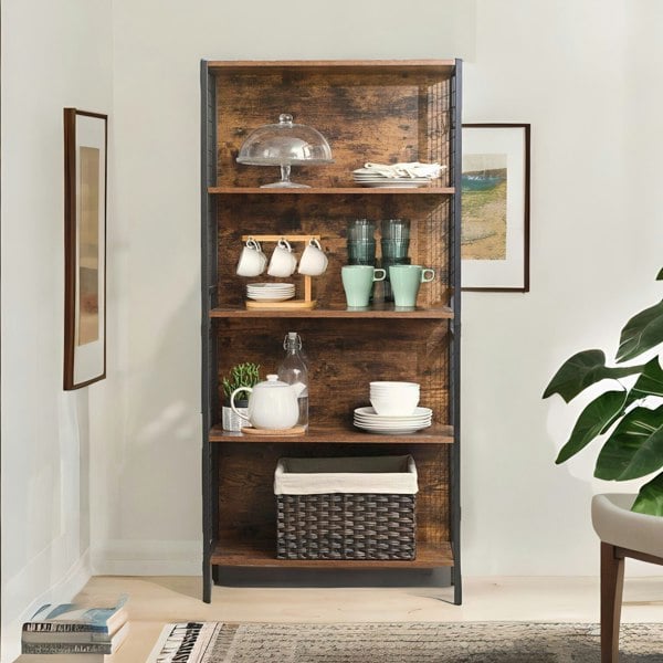 Rafaelo Mobilia Industrial 4 Tier Bookcase Storage Cabinet Rustic Brown