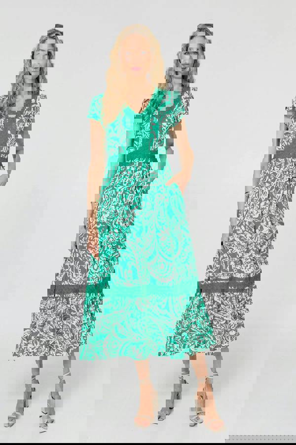 Green | Printed Lace Trim Tiered Midi Dress