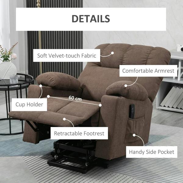 Dark brown power lift recliner chair detail view with arm cup holder and side pocket.