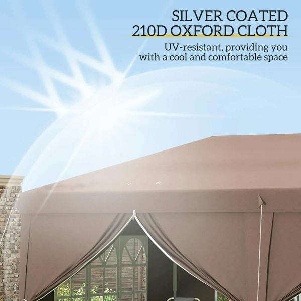 Brown gazebo canopy roof with center ridge and side curtain openings