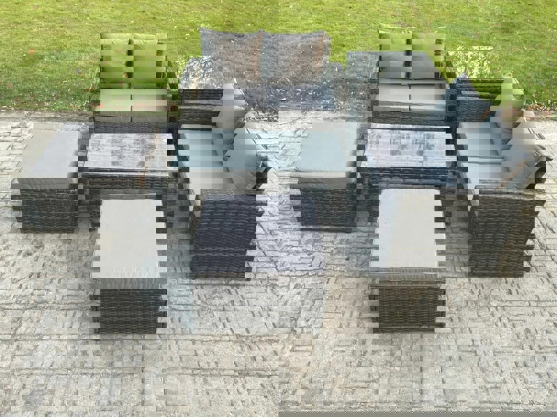 Fimous High Back Rattan Garden Furniture Sofa Sets with Rectangular Coffee Table Side Table 2 Big Footstool Dark Grey Mixed