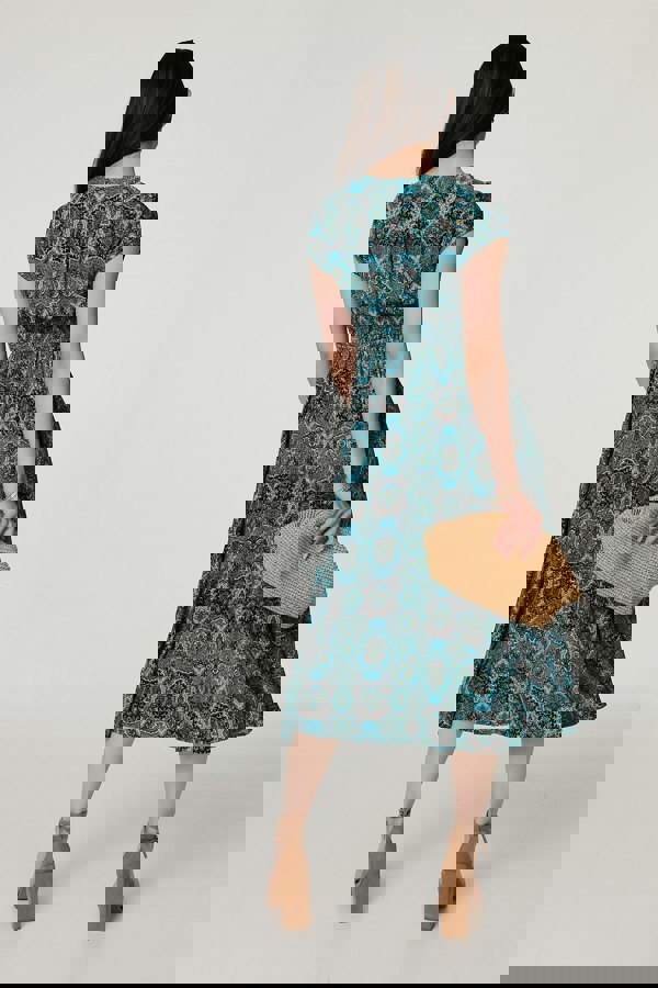 Green | Printed V-Neck Cap Sleeve Midi Dress