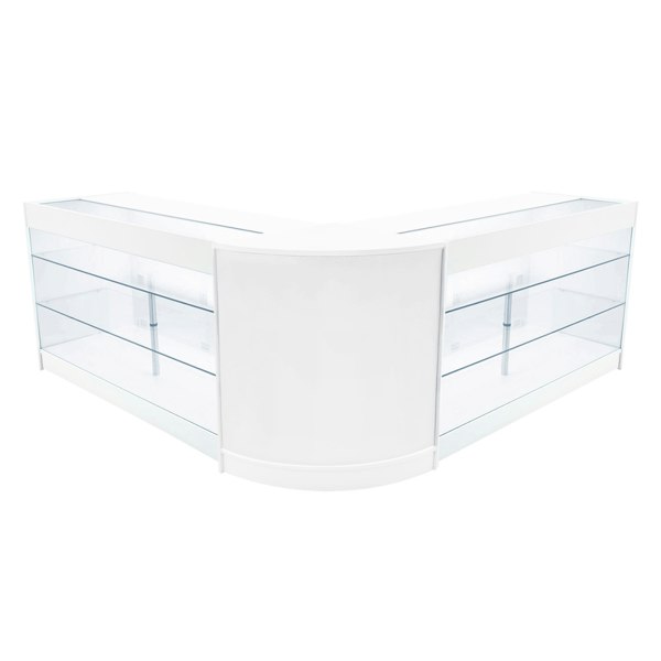White Helios LED shop counter set with sleek glass shelves, featuring a modern, curved design perfect for retail displays