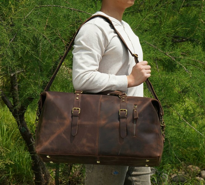 Touribag Zip Detail Genuine Leather Holdall - Dark Brown