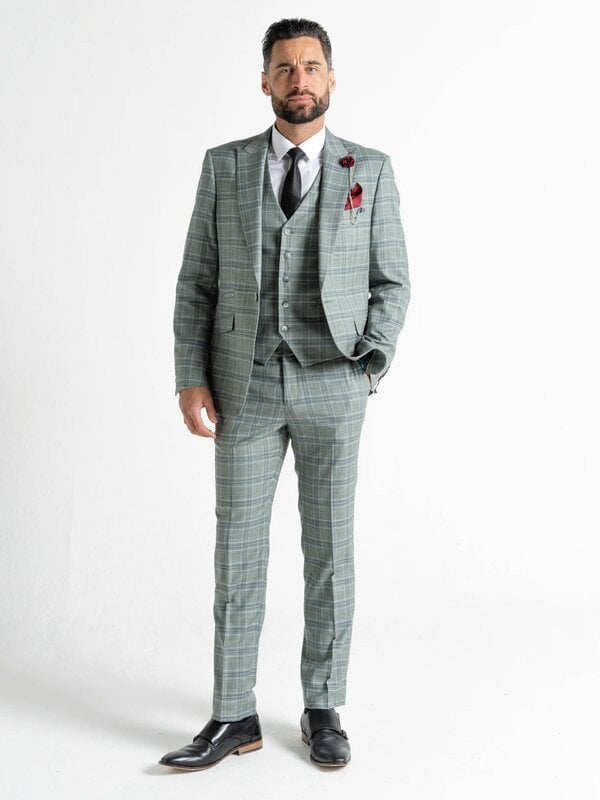 V2 Classic Kensignton Three Piece Suit - Olive with White and Blue Checks