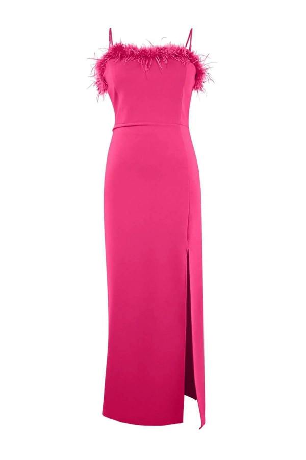 WOVCOR Feather Trimmed Strapless Woven Plus Size Evening Dress