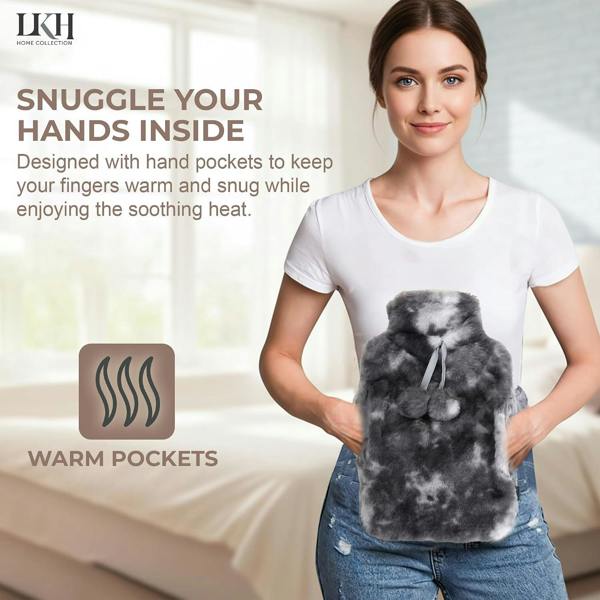 LKH HOME COLLECTION Hot Water Bottle with Cover UK 2L With Faux Fur & Pockets for Period Pain Relief Leak Resistant BPA Free Hot Bottle