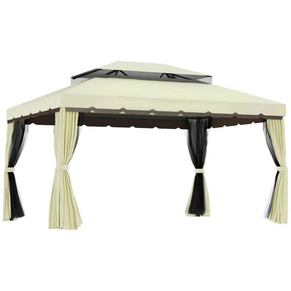 Cream double-roof garden gazebo with hanging curtains and scalloped valance