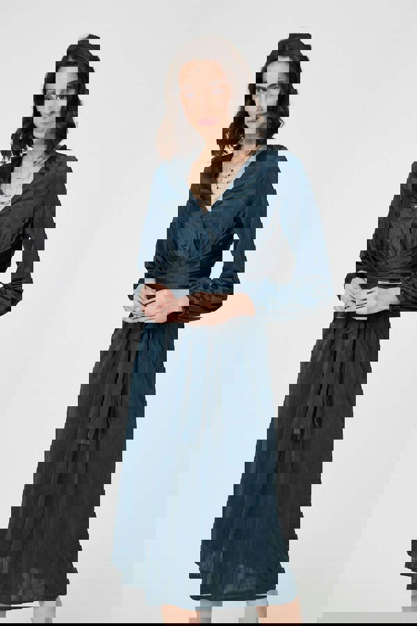 Green | Ruched Long Sleeve Midi Wrap Dress
