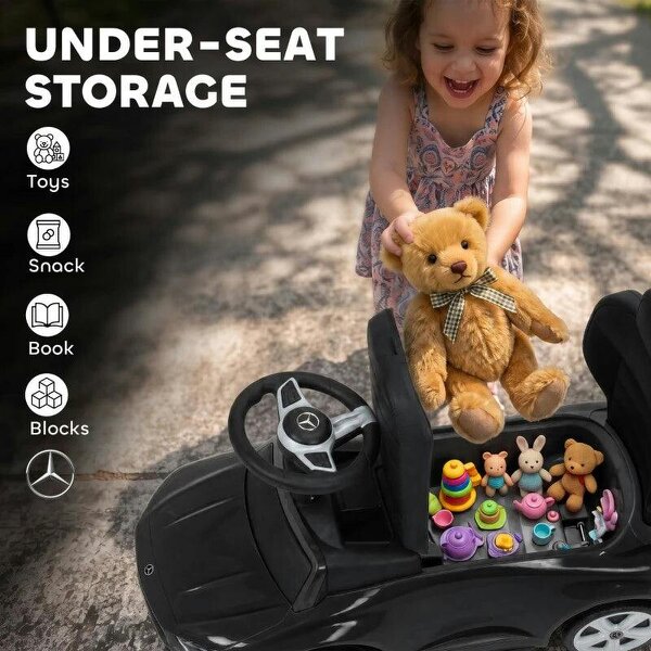 4 in 1 Licensed Benz Ride on Push Car with Handle, Canopy, Guardrails, Horn, Music, Storage for 12-36 Months, Black