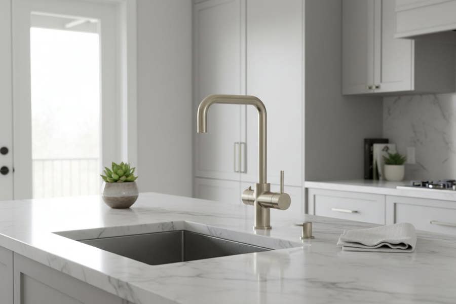 Brushed brass boiling hot water tap in a modern high end kitchen