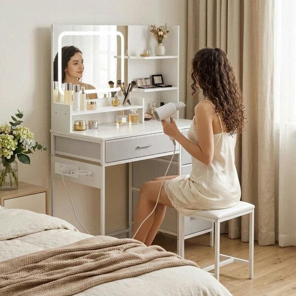 Dressing Table with 3-Colour LED Mirror, Power Outlet, Vanity Desk with 4 Drawers, 5 Shelves, Hair Dryer Holder