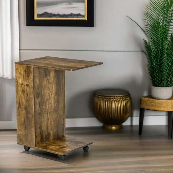 Rafaelo Mobilia Industrial Brown C Shaped Side Table With Storage & Wheels