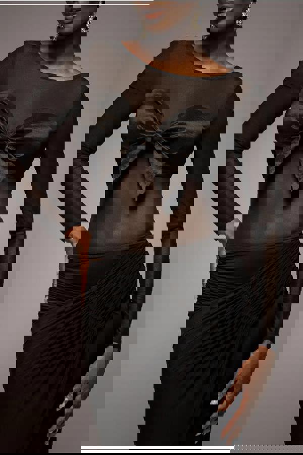 Long Sleeve Mesh Sleeveless Taffeta Bow Top - Black T266