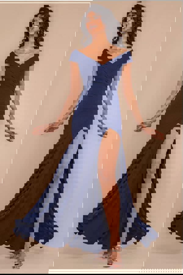 Scuba Crepe Off Shoulder Front Split Maxi Dress - Navy Blue DR2930SC