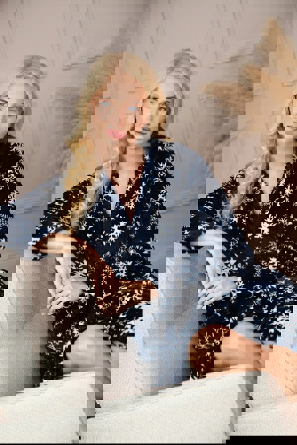 Camille Women's Blue Snowflake Supersoft Fleece Hooded Calf Length Bathrobe