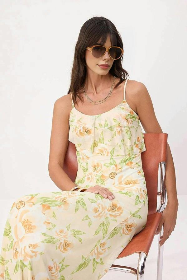 WOVCOR Floral A-line Ruffled Maxi Knit Dress