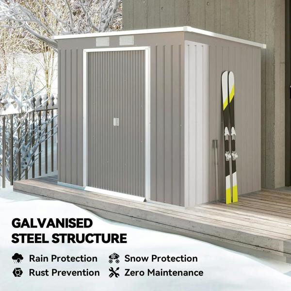 Grey galvanised steel garden shed with single door and skis mounted on the side