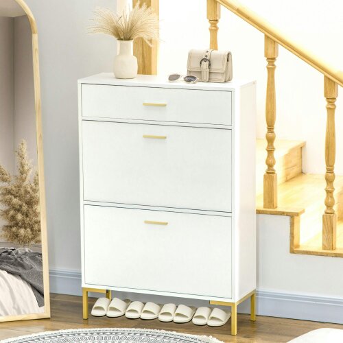 Wyld Haus Suto Wooden White Slim Shoe Cabinet With 3 Drawers For 12 Pairs