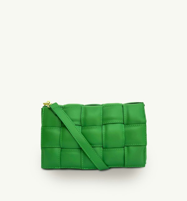 Apatchy London Padded Woven Leather Crossbody Bag With Gold Chain Strap - Bottega Green