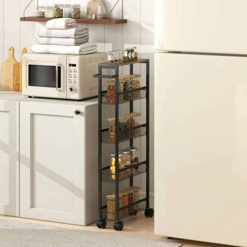Wyld Haus Raelno Metal Black 5 Tier Slim Storage Trolley With Wood Effect Top And Handle