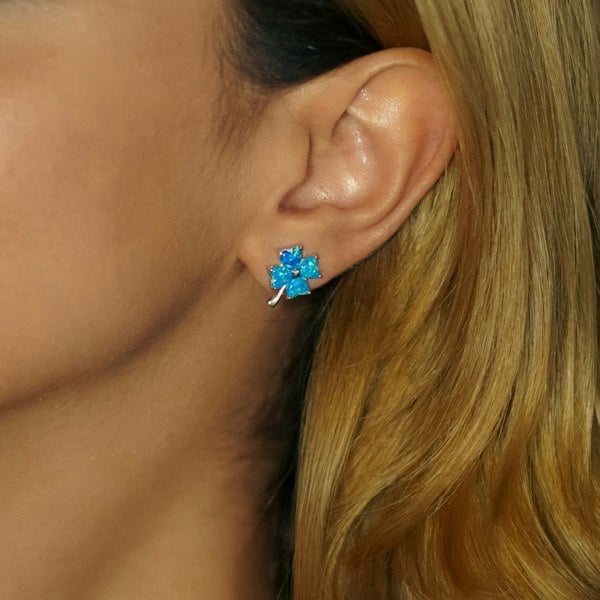 Spero London Blue Opal Four Leaves Clover Sterling Silver Stud Earring