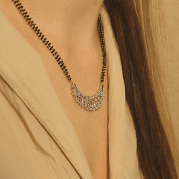 The Colourful Aura Indian Nazaria Silver Zircon Mangalsutra Black Beads Earring and Pendant Necklace